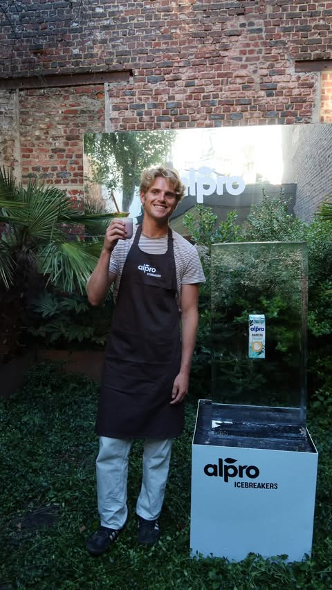 Instagram post by @patrick.marquette for Alpro. Caption reads: I’m officially a barista now 😮‍💨☕️ @alpro x....