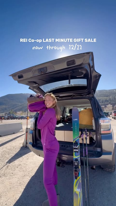 Instagram post by @movingmountainsmeg for REI. Caption reads: GEAR FOR GIFTS with the @rei Last Minute Gifts....