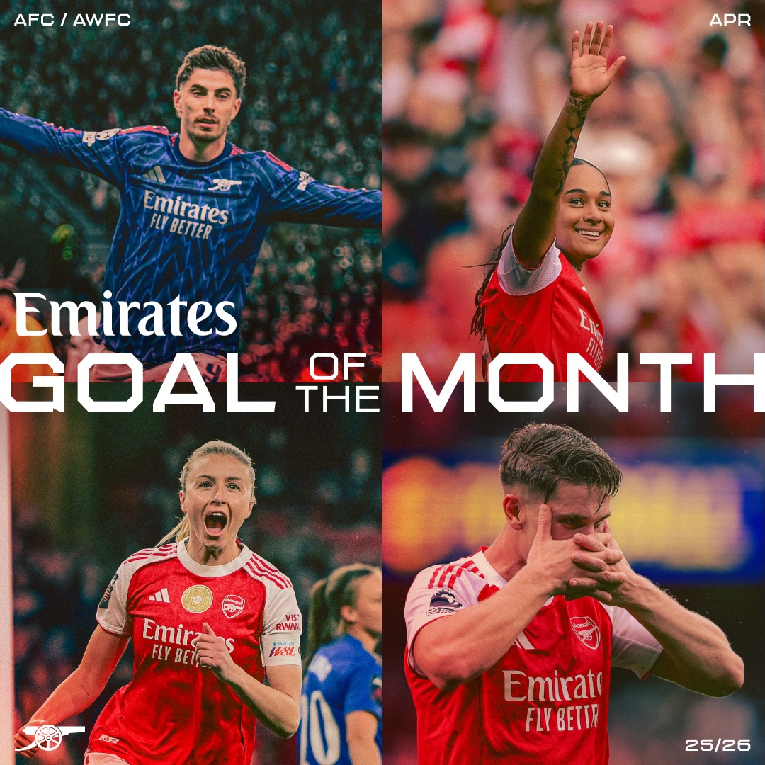 Instagram post by @officialarsenalacademy for Emirates. Caption reads: [...] April Goal of the Month, Gooners ⏰ 🤝....