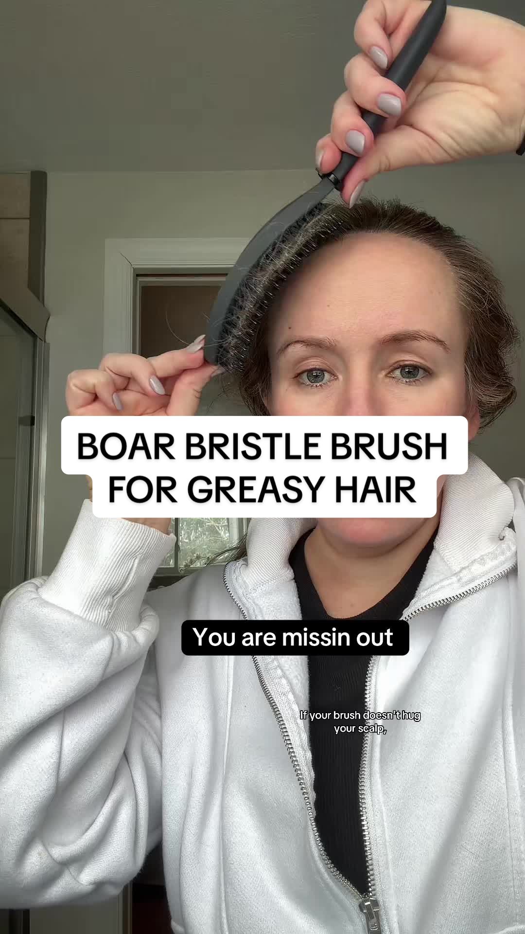 TikTok post by @tamie.konzier for Cocomint Beauty. Caption reads: @cocomintbeauty boar bristle brush hugs your scalp....