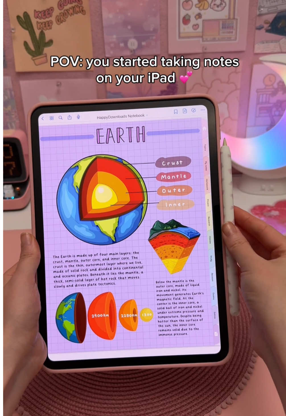 TikTok post by @happydownloads for Paperlike. Caption reads: iPad note taking purple mode 💜 Using paperlike....