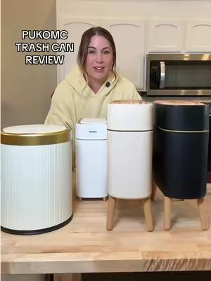 TikTok post by @finds_by_mama_rach for Pukom. Caption reads: I tried all the Pukomc automatic touchless trash....