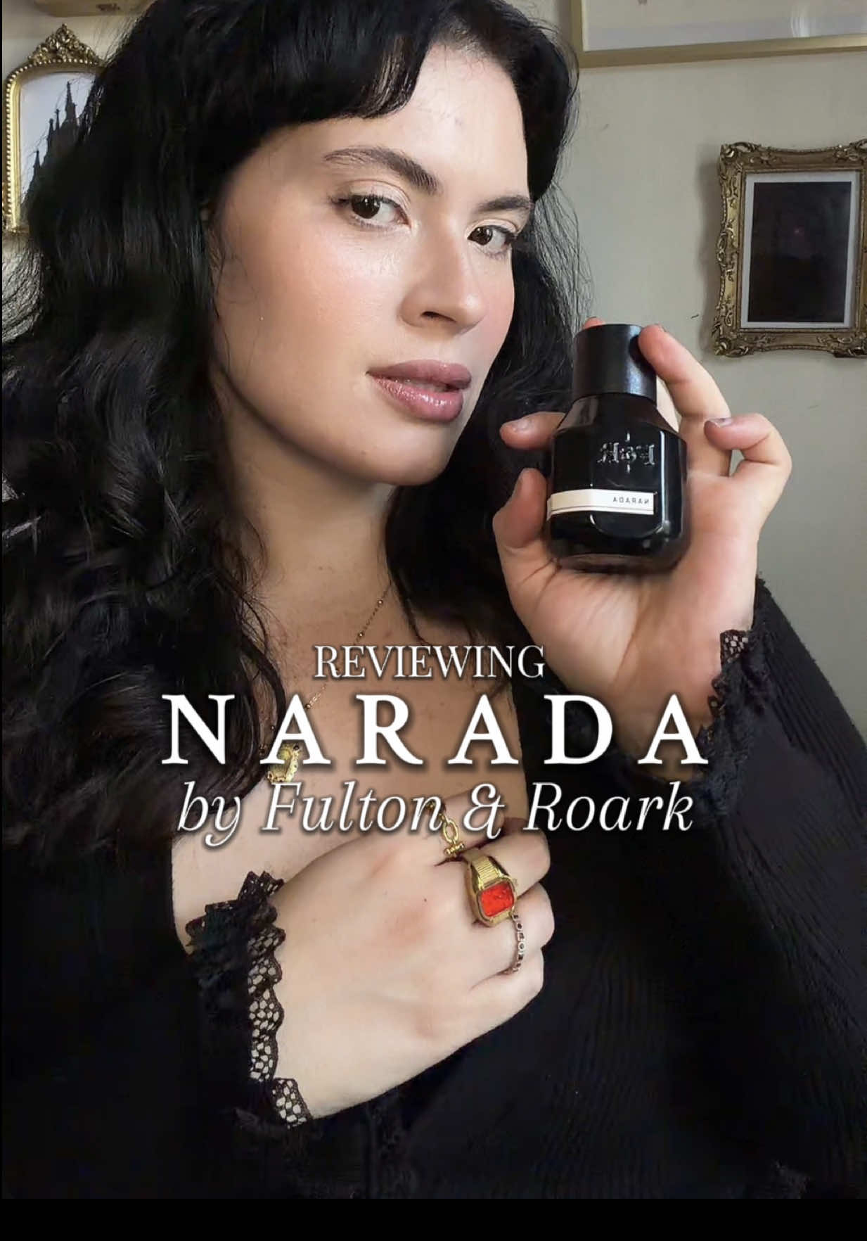 TikTok post by @thewolfinlace for Fulton & Roark. Caption reads: #gifted 🕯️ Let’s review Narada by @Fulton & Roark....