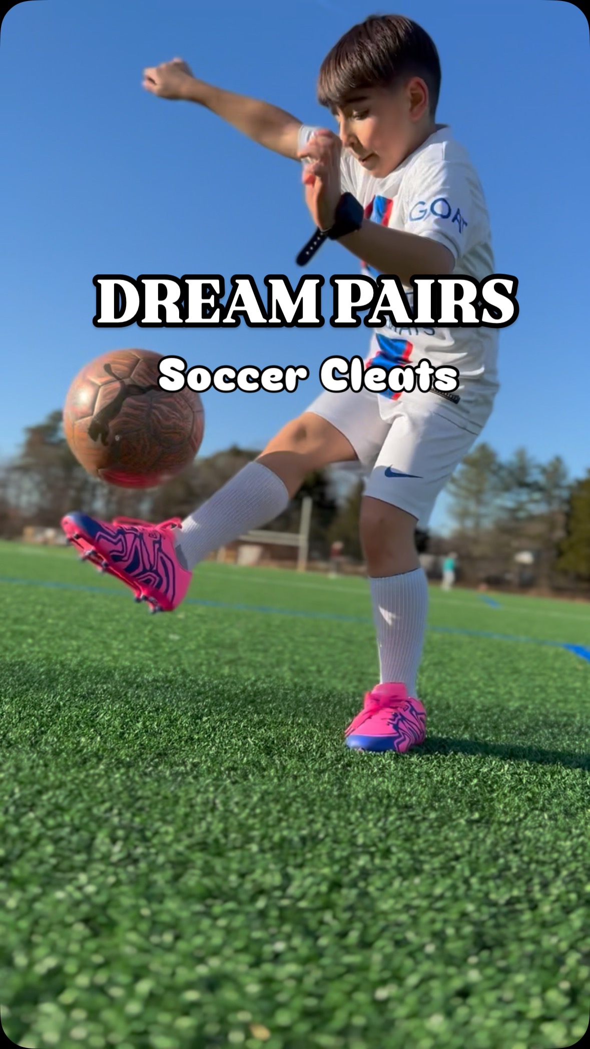Instagram post by @chloecollabs for Dream Pairs. Caption reads: ⚽️ Game on! Give your little athlete the edge they....