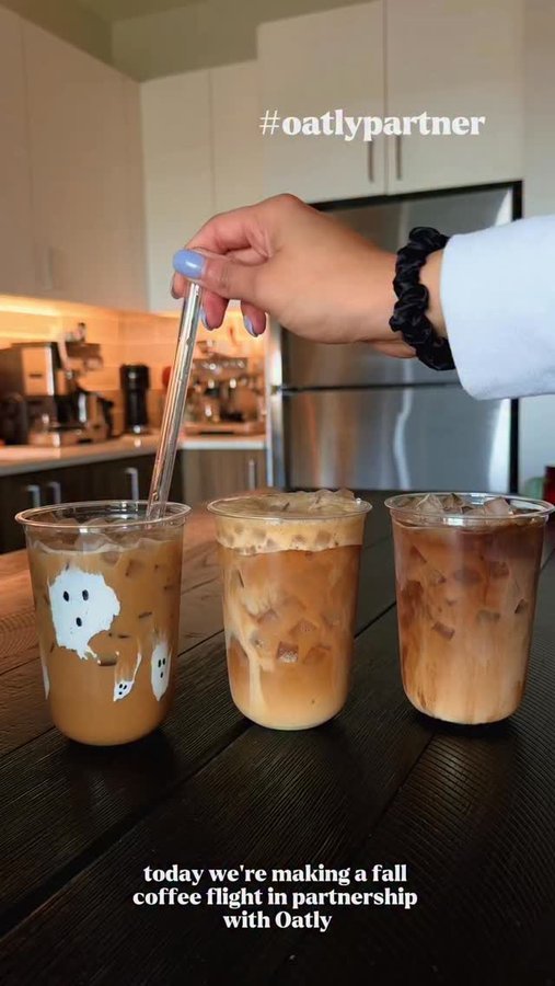 Instagram post by @foodieeshh for Oatly. Caption reads: Made the most delicious fall coffee flight using....