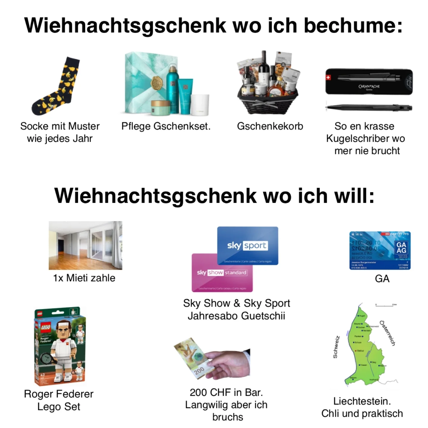 Instagram post by @hajdgenoss for Sky Show Schweiz. Caption reads: hesch immerno no keis Wiehnachtsgschenk und kei....