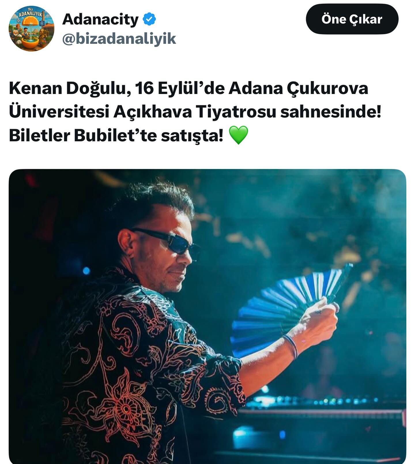 Instagram post by @bizadanaliyik for Bubilet. Caption reads: Kenan Doğulu, 16 Eylül’de Adana Çukurova....