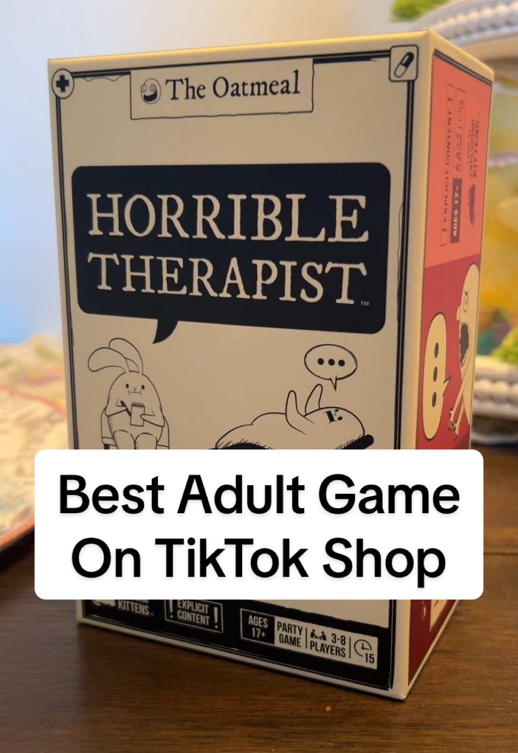 TikTok post by @gorjesboutique for Exploding Kittens. Caption reads: Adult Game! Hilarious! #horribletherapist....
