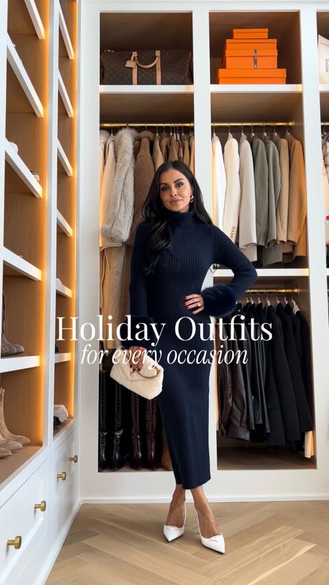 Instagram post by @miamiamine for Saks Fifth Avenue. Caption reads: Holiday outfits and where I’m wearing them.....