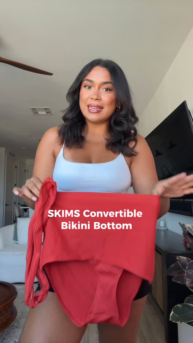 Instagram post by @michaelajacobs for Skims. Caption reads: 1 bikini bottom, 5 different ways @skims is genius....