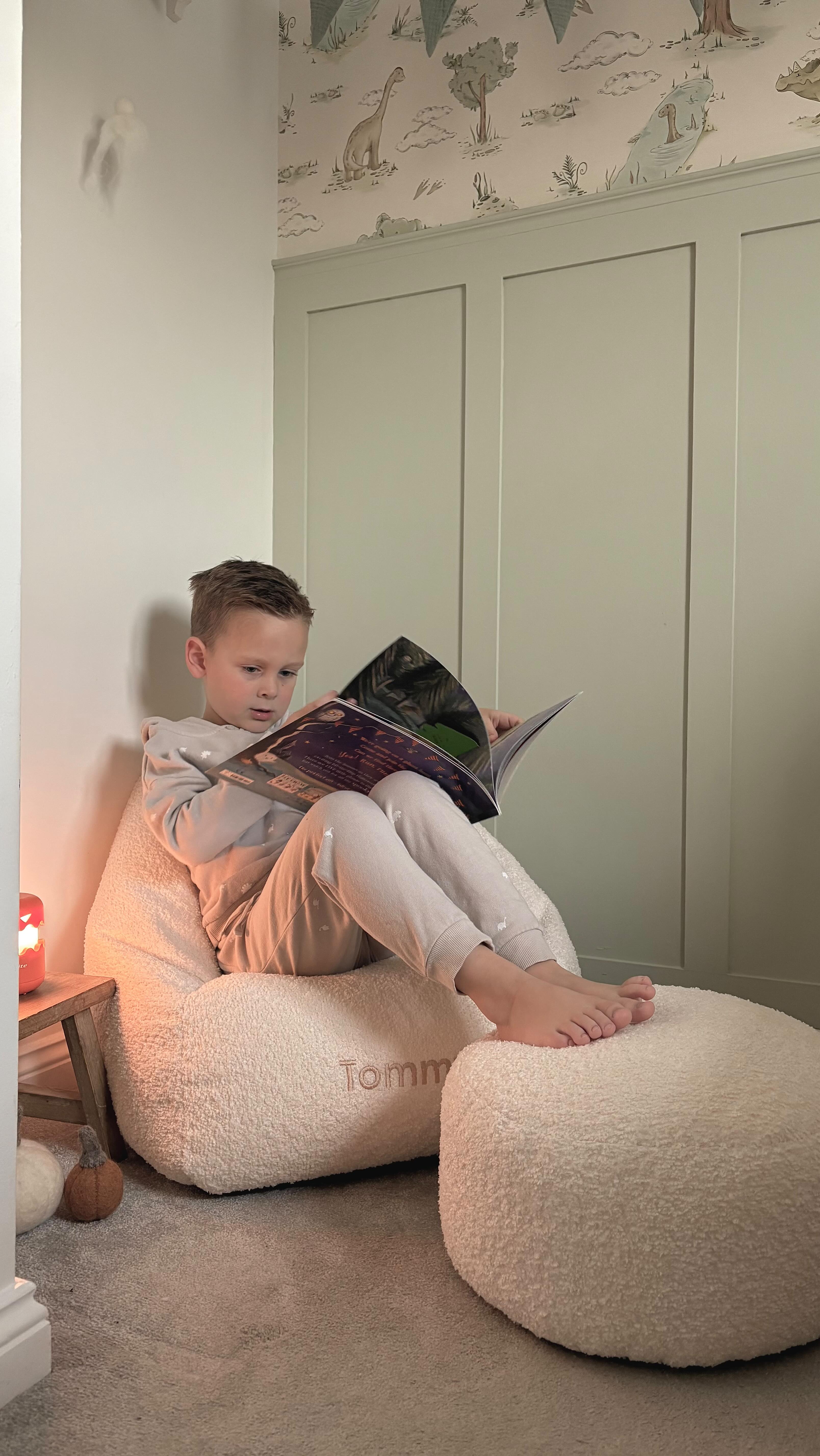 Instagram post by @ivyhouse_46 for rucomfy beanbags. Caption reads: @rucomfy • Ad With this beautiful boucle kids....