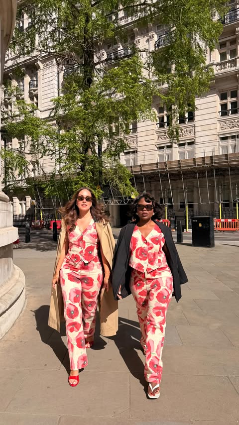 Instagram post by @rosasofia.style for French Connection. Caption reads: synced outfits, synced plot 🌺 @frenchconnection....