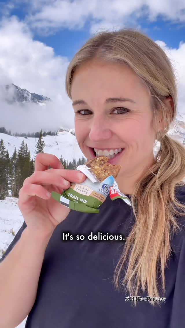 Instagram post by @carolinegleich for CLIF BAR. Caption reads: There’s nothing quite like that first sketchy ski....