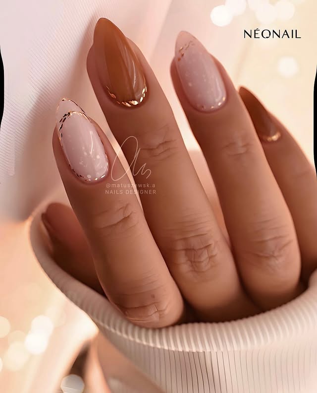 Instagram post by @matuszewsk.a for NEONAIL Poland. Caption reads: Hybryda KEEP YOUR WAY. Topy: Milky Effect Creamy,....
