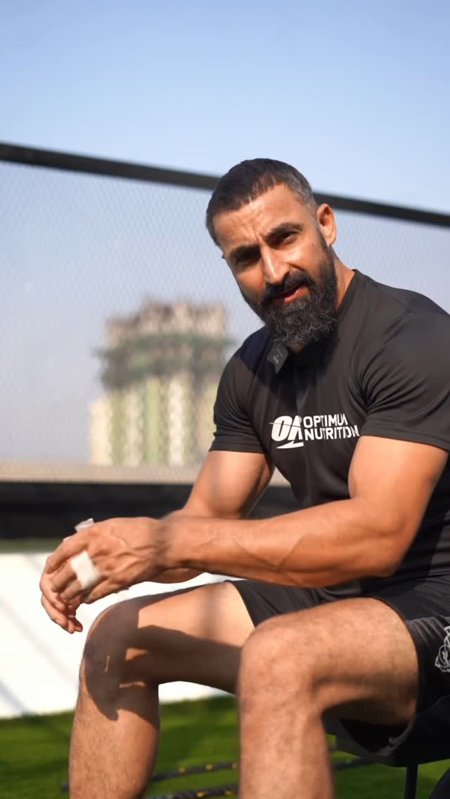 Instagram post by @vikramjeetvirk for Optimum Nutrition Egypt. Caption reads: Train Hard, Eat Wise And Choose Right Whey 🏋️‍♂️....
