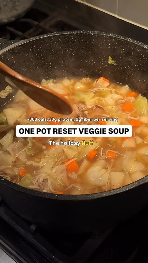 Instagram post by @careeseeats for Kettle & Fire. Caption reads: ONE POT RESET VEGGIE SOUP 🍲 

MAKES 4 BIG....