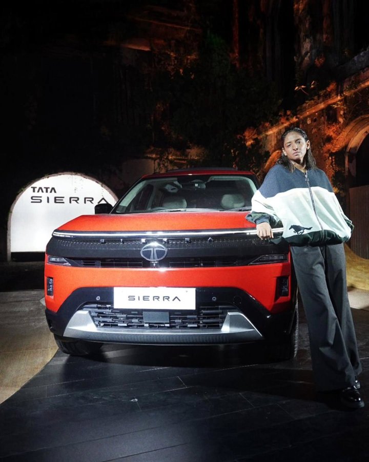 Instagram post by @thetatasierra for Tata Motors. Caption reads: [...] #HarmanpreetXSierra #TataSierraxHuemn....