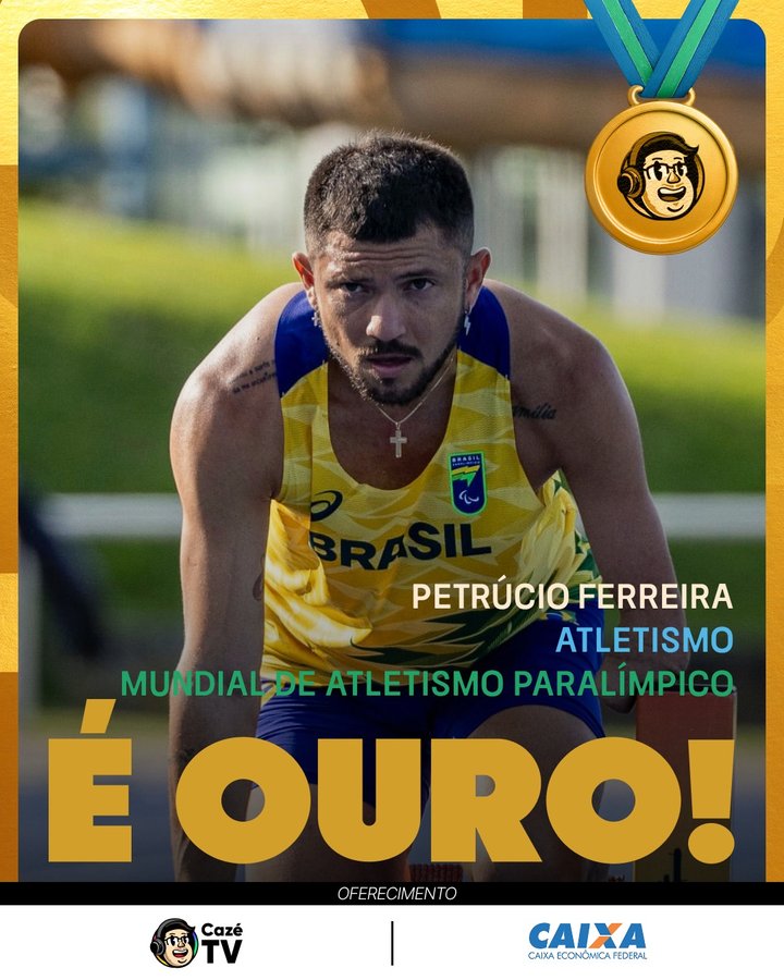 Instagram post by @petrucio_t47 for CazéTV. Caption reads: [...] #MundialDeAtletismoParalímpico....
