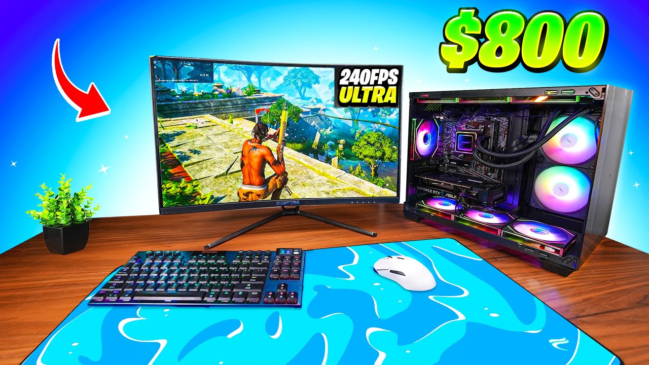 YouTube post by @Fluxphy for Newegg. Caption reads: How Is This Gaming PC Only $800?!.