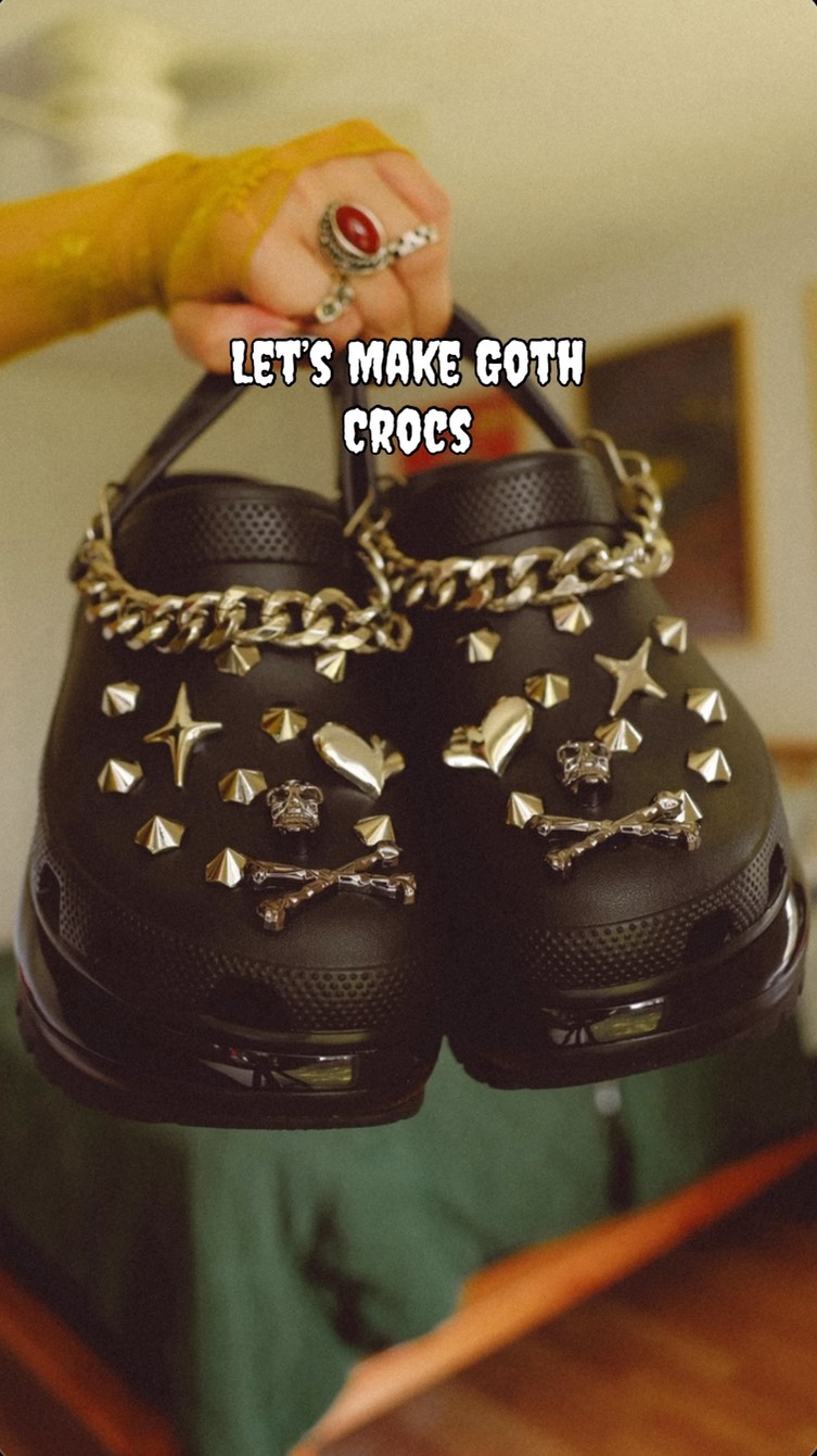 Instagram post by @thelauragaskin for collAble. Caption reads: Who said Crocs can’t be dark & dramatic? 🖤....