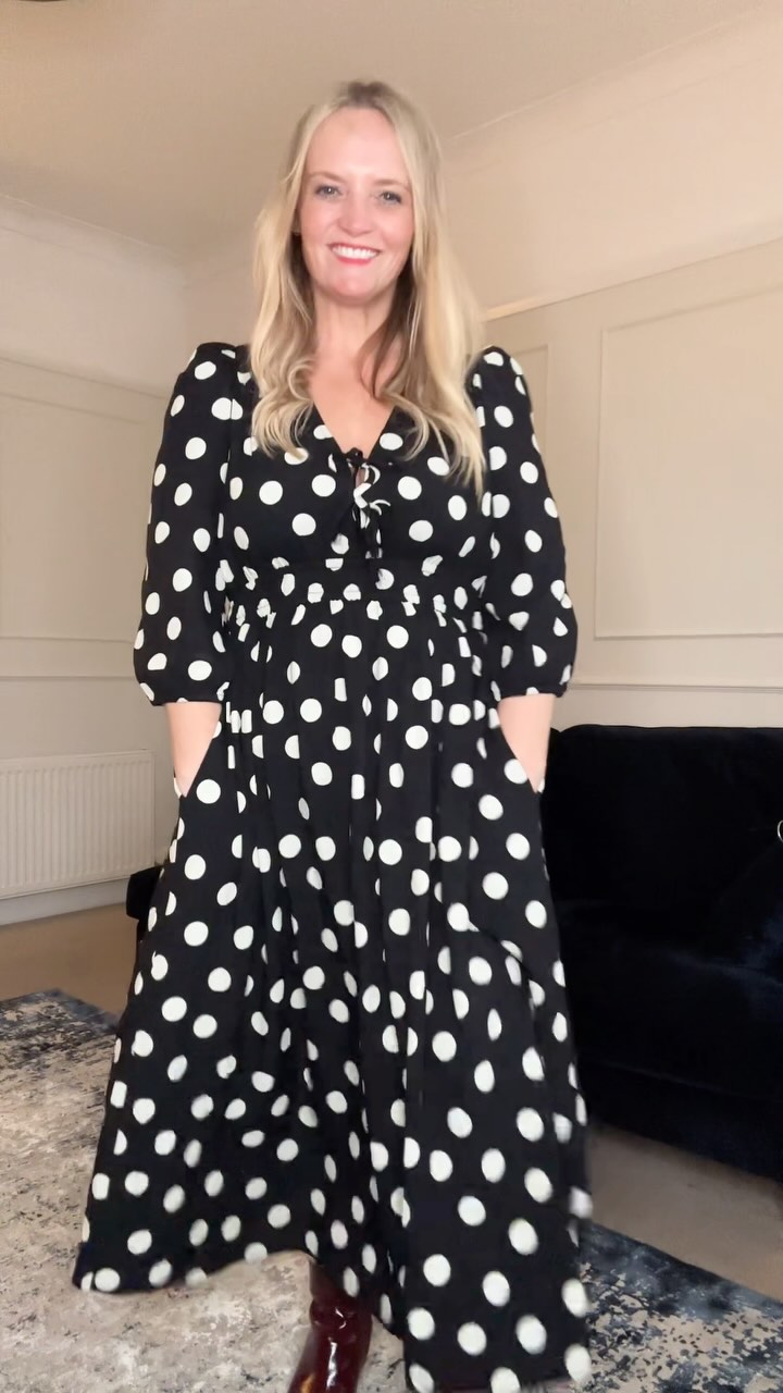 Instagram post by @caroline.wears for Baukjen. Caption reads: (Ad/PR) New in at @baukjen is the Olesia Printed....