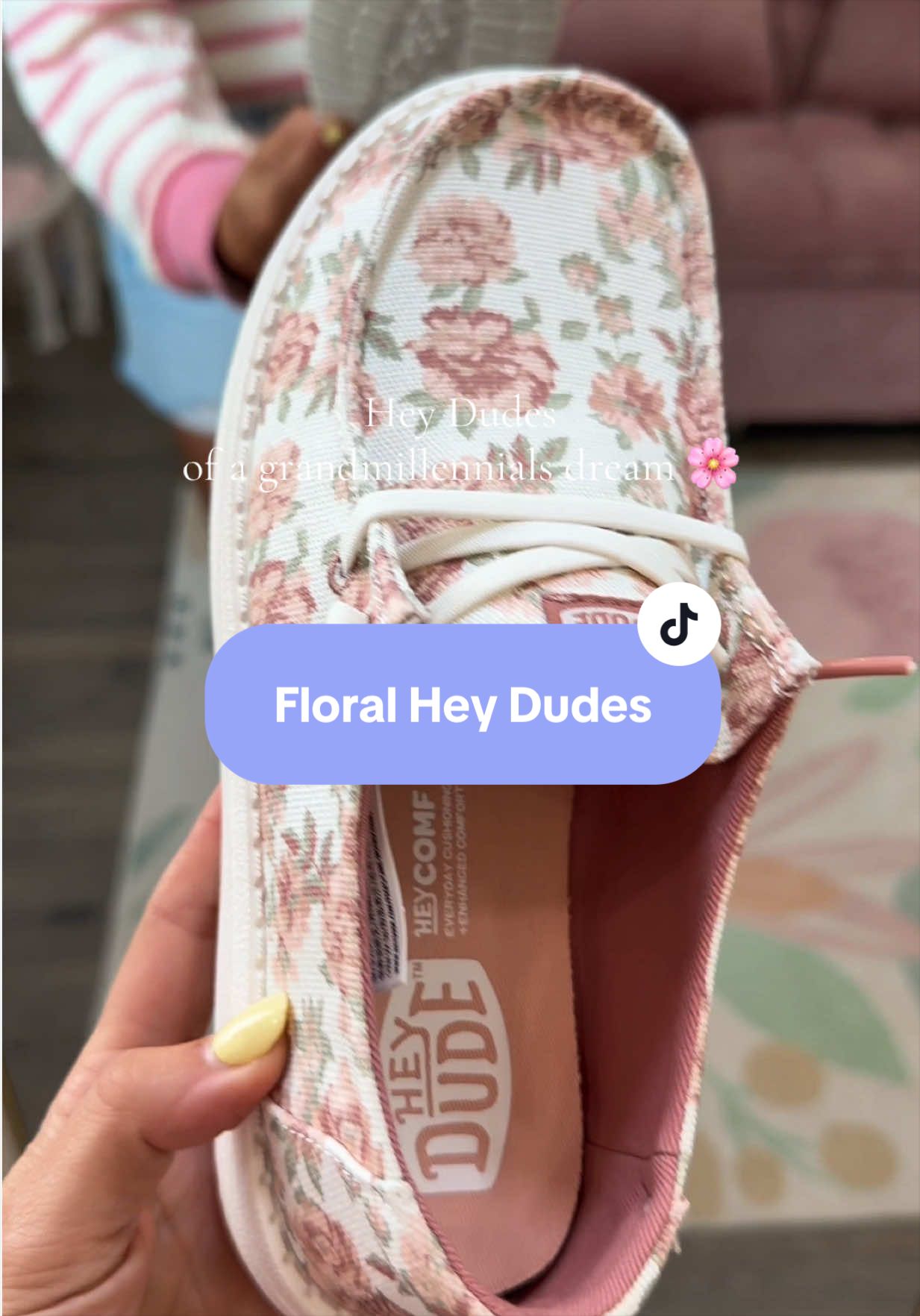 TikTok post by @jackiebentley for Hey Dude Shoes. Caption reads: Obsessed with these floral @HeyDude is an....