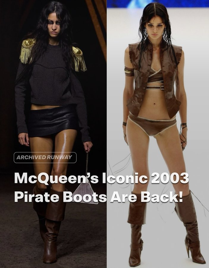 Instagram post by @archivedrunway for Alexander McQueen. Caption reads: Sean McGirr reissues McQueen’s SS’03 Pirate Boot....