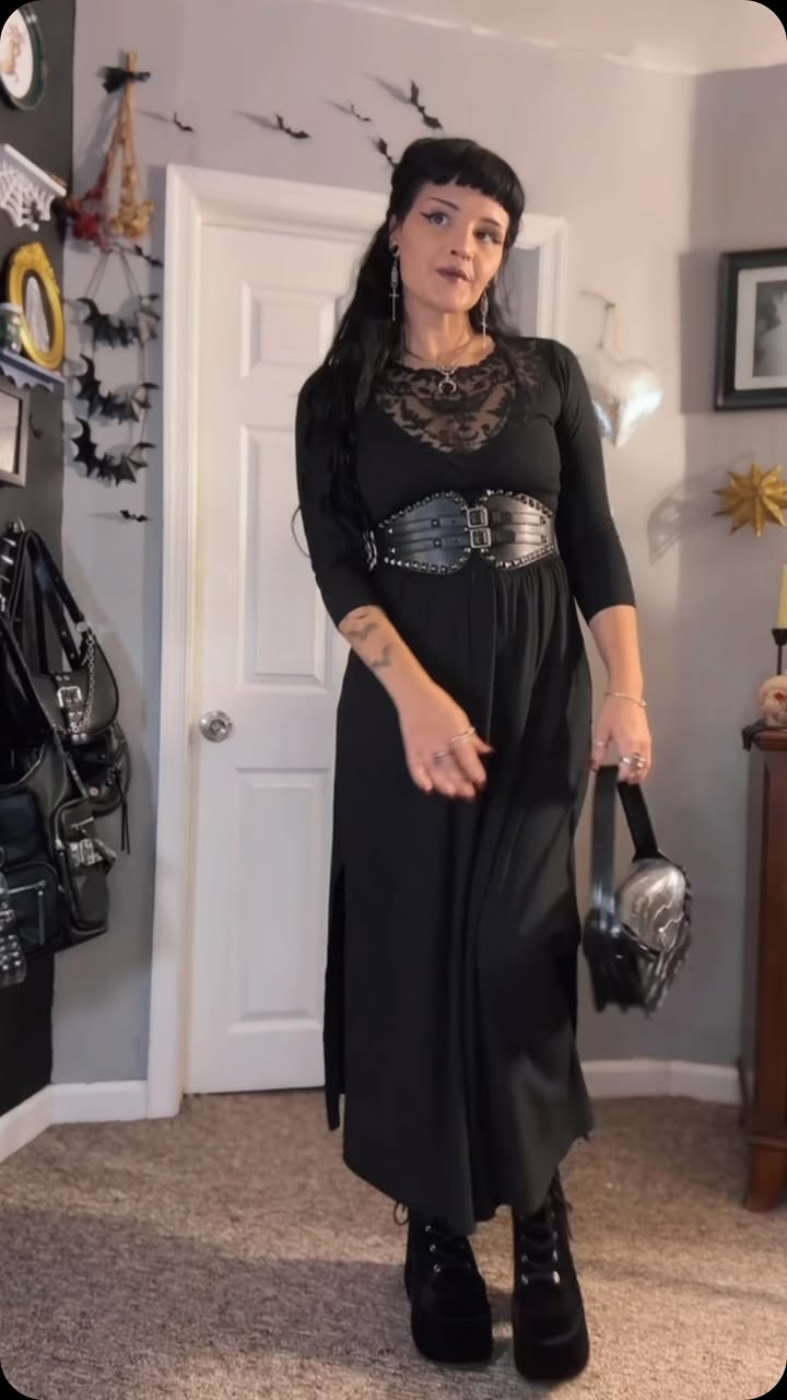 Instagram post by @mariahkrx for Demonia Shoes. Caption reads: Soft goth Valentine’s outfit inspo ft.....