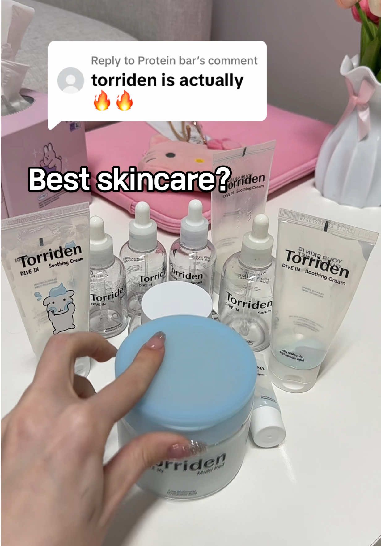 TikTok post by @vendykonecna for Torriden. Caption reads: Replying to @Protein bar Emptied Torriden skincare....