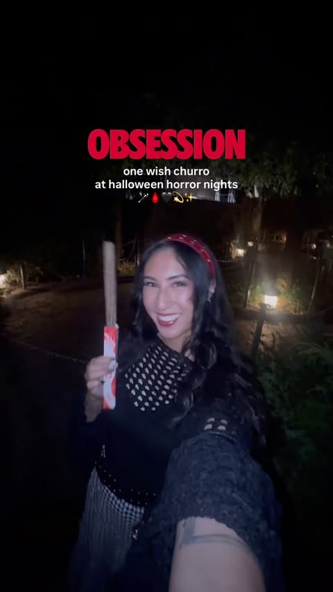Instagram post by @mischiefbymonica for Halloween Horror Nights. Caption reads: pov: you got the one wish churro & freaky nikki....