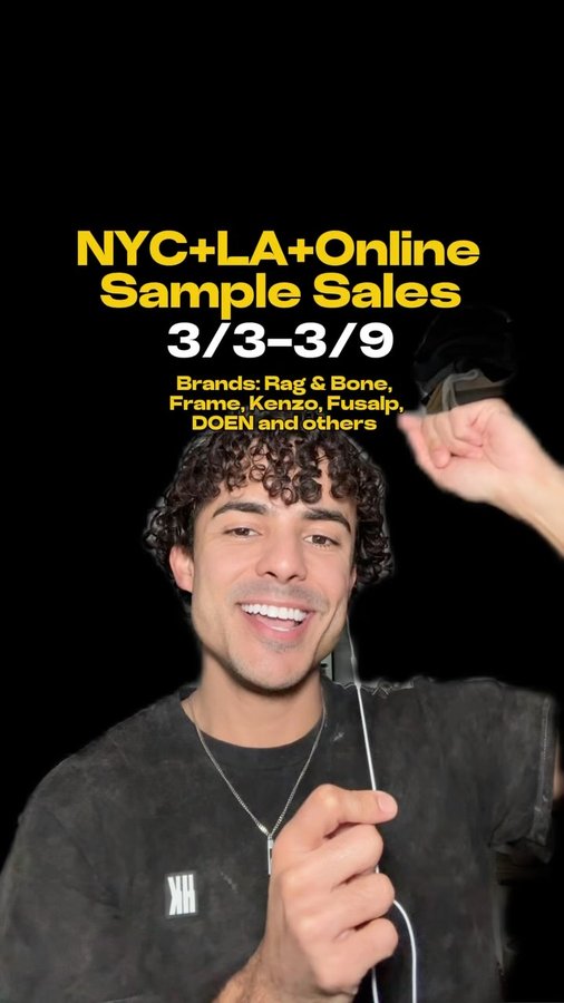 Instagram post by @hey.arthur.nyc for KENZO. Caption reads: Here’s your weekly list of sample sales going on....