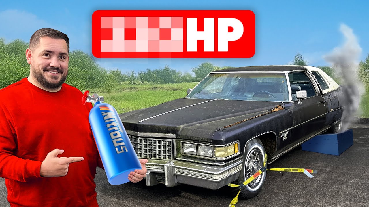 YouTube post by @TopDeadC for carVertical. Caption reads: We Put NITROUS on the World’s Rustiest Cadillac.