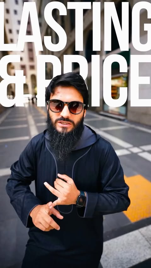 Instagram post by @aliehttisham for Ahmed Al Maghribi Perfumes. Caption reads: 😓 Happened with me in Medina in July, 2026! Dis....