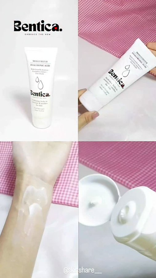 Instagram post by @skinshare____ for Bentica Skincare. Caption reads: 🦋Bentica Hyaluronic Acid Moisturizer. 🌟🌟My....