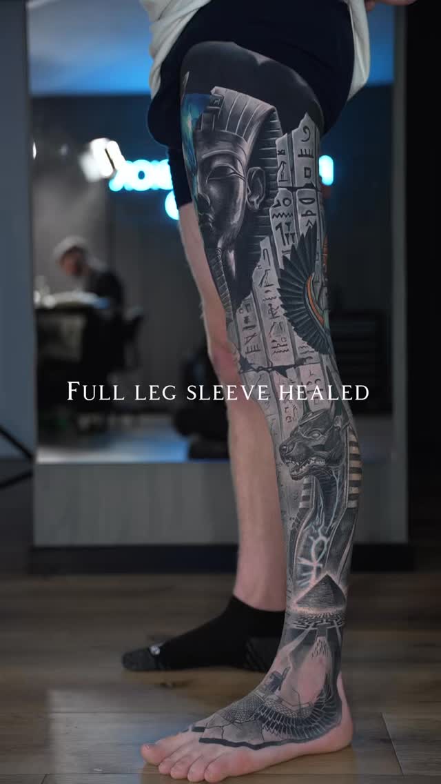 Instagram post by @rightdecision_tattoo for Fkirons. Caption reads: Full leg sleeve healed – Egyptian mythology....