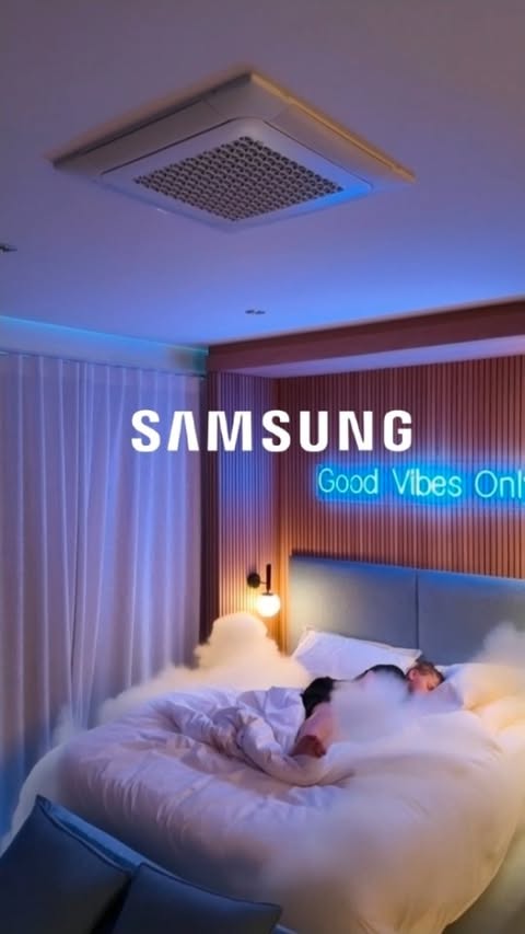 Instagram post by @mrs.jojo.robinson for Samsung. Caption reads: Cool, calm, and quiet. This @samsungsa WindFree....