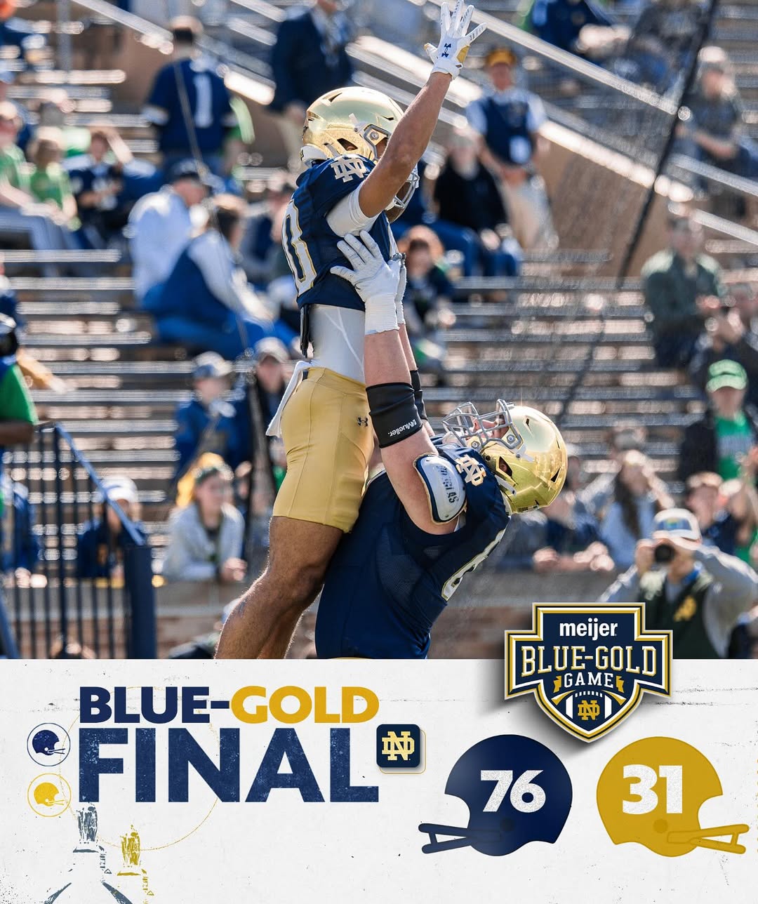 Instagram post by @ndfootball for Meijer. Caption reads: Blue wins the 2025 @meijerstores Blue-Gold....