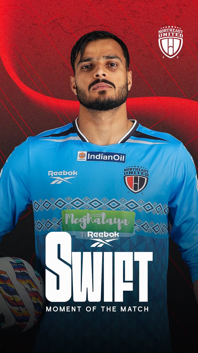 Instagram post by @northeastunitedfc for Reebok. Caption reads: [...] @gurmeet_gk_12 save is our @reebokindia....