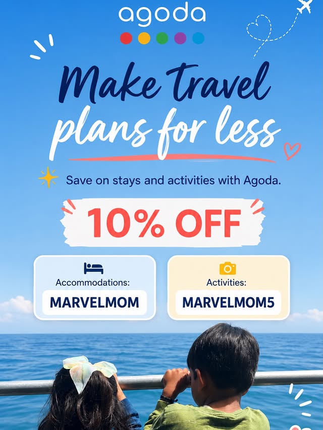 Instagram post by @marvelmom1 for agoda. Caption reads: [...] your next family getaway? Save 10% on Agoda....