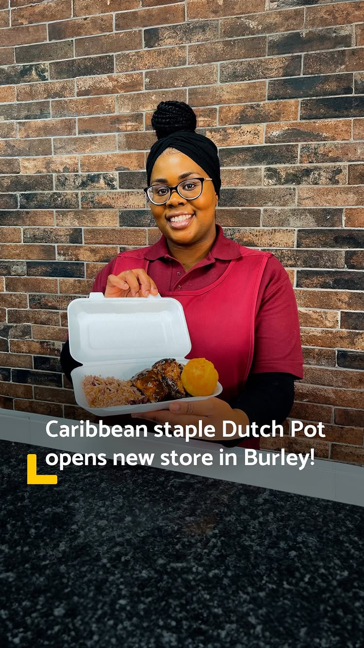 Instagram post by @leedsplussocial for Deliveroo. Caption reads: Caribbean food icons Dutch Pot have brought their....