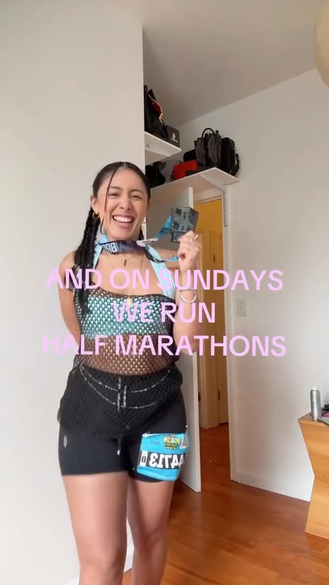 Instagram post by @lesffernandez for FP Movement. Caption reads: [...] #halfmarathon #nycrunning #raceoutfit....