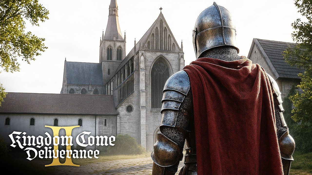 YouTube post by an influencer for PLAION España. Caption reads: Buy Kingdom Come Deliverance 2 Mysteria Ecclesiae....