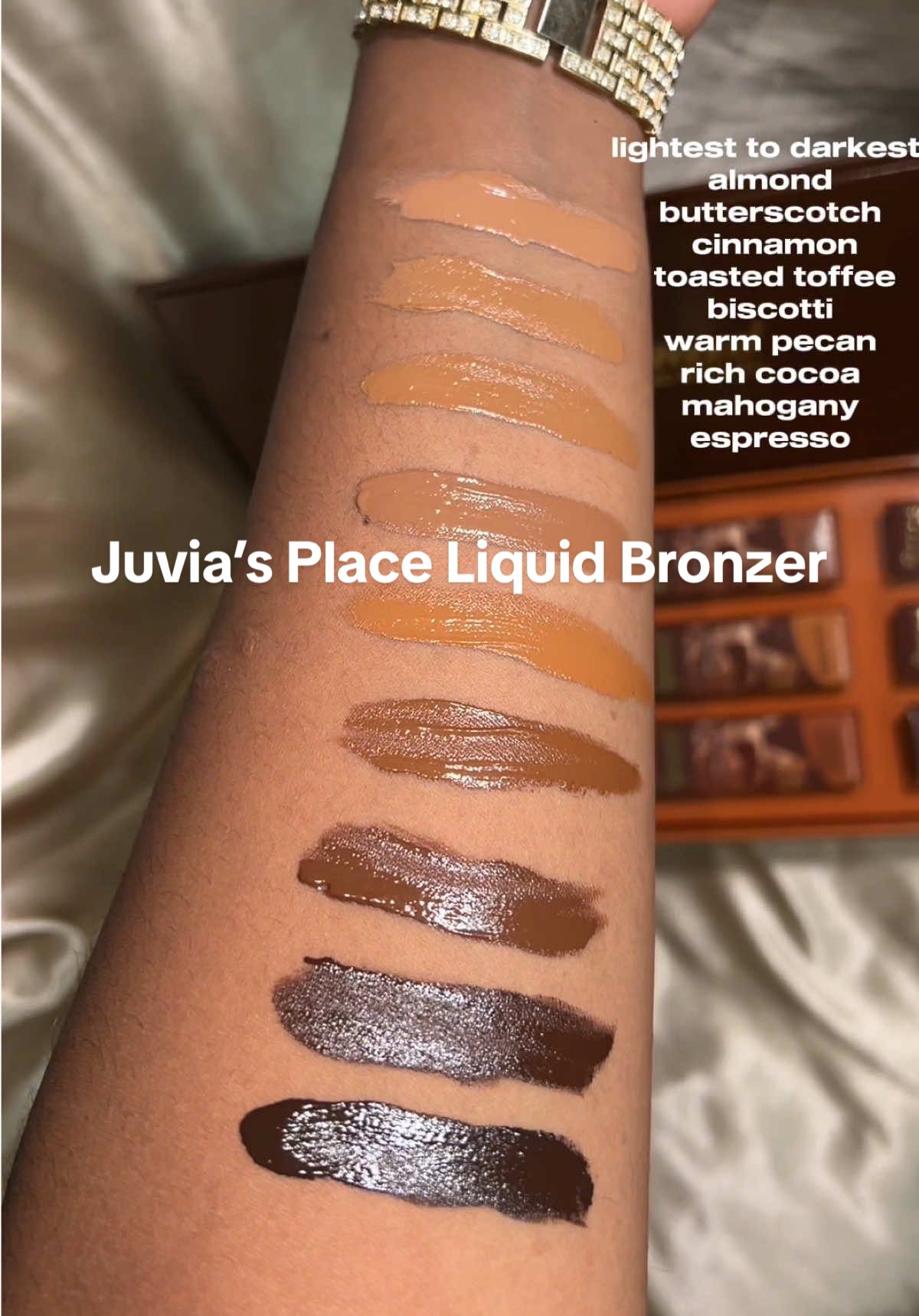 TikTok post by @kaylawaylamua for Juvia’s Place. Caption reads: first impression of @Juvia’s Place Bronzed Liquid....