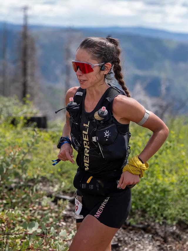 Instagram post by @theslimcede for Merrell. Caption reads: Canyons 100-miler was one for the books. On paper,....