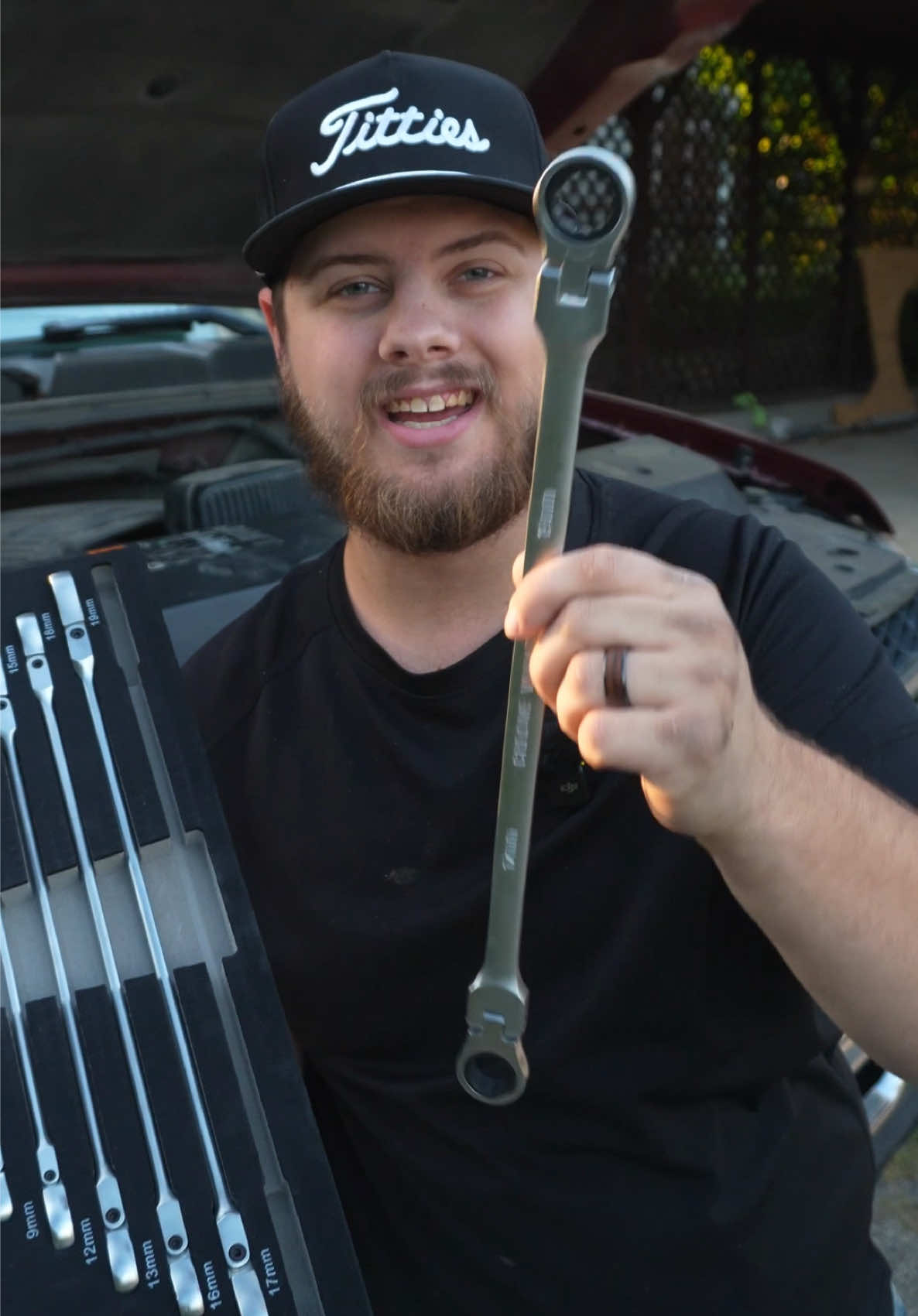 TikTok post by @karstenmatthews for Orion Motor Tech. Caption reads: Orion Motor Tech’s Extra long ratcheting wrenches!....