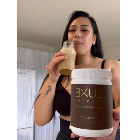 Instagram post by @triple_digits_145 for LUXE Fitness. Caption reads: @luxefitness ultra burner coffee is a big vibe....