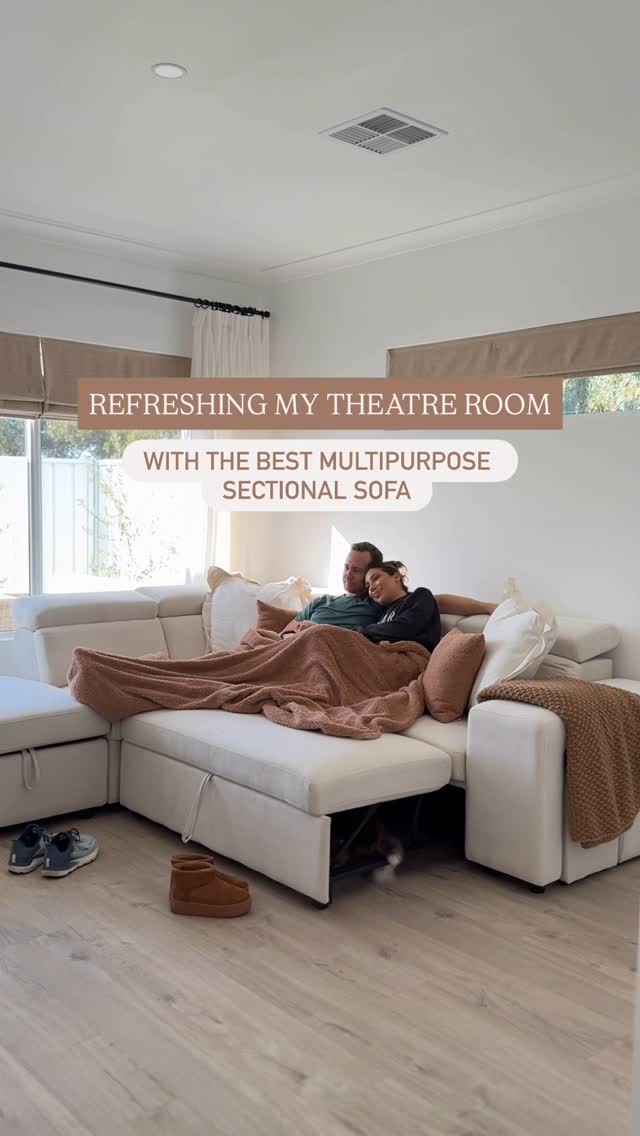 Instagram post by @jo.marie_blissfulbuilds for Valencia Theater Seating. Caption reads: the most FUNCTIONAL & CUSTOMISABLE sofa I’ve ever....