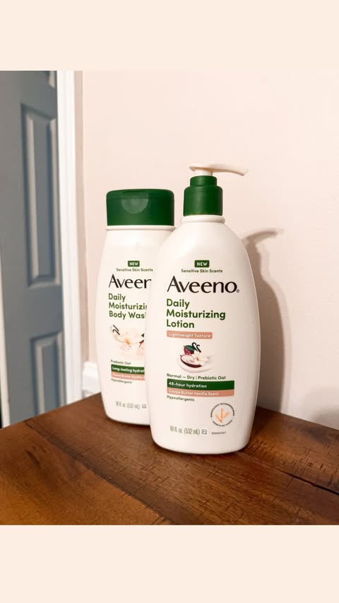 Instagram post by @dunnfamilyfun for Aveeno. Caption reads: #ad Aveeno Daily Moisturizing Sensitive Skin....