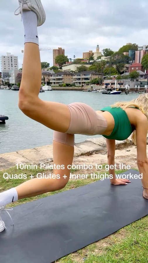 Instagram post by @pilatestv for SENSTYLABLE. Caption reads: Quads + Glutes + Inner thighs 🧡 this is your new....