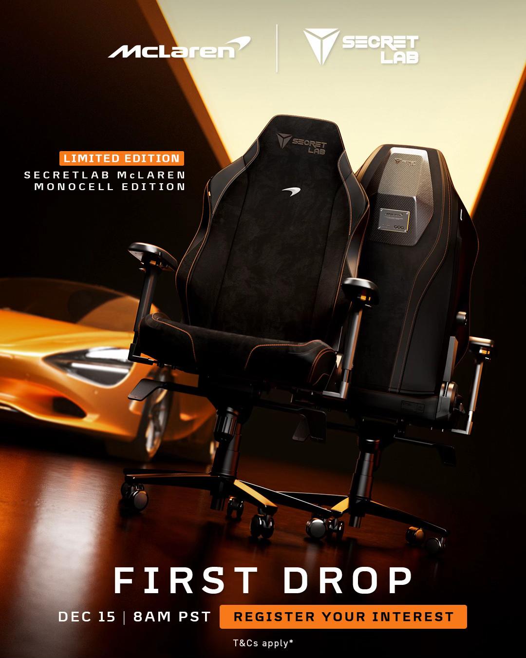 TikTok post by @secretlab for McLaren. Caption reads: Get a first look at the new Secretlab McLaren....